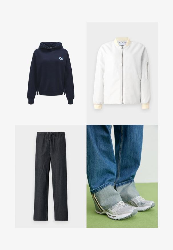 LeichteBomberjacke aus weißem Stoff, mit einem Reißverschluss vorne, geripptem Kragen und Bündchen in Creme und einer Reißverschlusstasche am Ärmel.; Dunkelblaues Kapuzen-Sweatshirt aus weichem Stoff, mit einem kleinen hellblauen Logo auf der linken Seite und Schlitzen an dem Saum.; Dunkelblaue Denim-Hose mit elastischem Bund und Kordelzug, geradem Bein und kontrastierenden Ziernähten.; Graue Turnschuhe aus Mesh-Material mit weißen Akzenten, kombiniert mit blauen Jeans, die an den Knöcheln umgeschlagen sind.