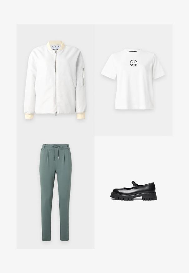 Veste bomber légère en tissu blanc, avec une fermeture éclair à l'avant, un col et des poignets côtelés en crème, et une poche zippée sur la manche.; T-shirt en coton blanc avec des manches courtes, un col rond et un smiley noir brodé au centre. Texture lisse.; Pantalons gris-vert en tissu doux, avec taille à cordon de serrage, plis à l'avant et jambes droites avec ourlets élastiques.; Chaussure Mary Jane en cuir noir, avec un bout rond, une sangle à la cheville et une semelle en caoutchouc épaisse présentant des détails nervurés.