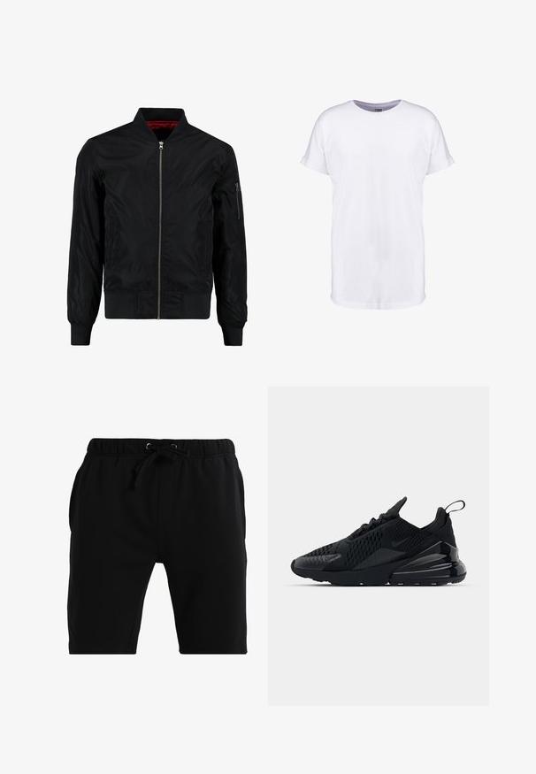 Schwarze Bomberjacke mit durchgehendem Reißverschluss, gerippten Bündchen und Saum sowie einer glatten Außenfläche. Verfügt über ein rotes Futter und eine Reißverschlusstasche am Ärmel.; Weißes Baumwoll-T-Shirt mit kurzen Ärmeln, Rundhalsausschnitt und lockerer Passform. Glatte Textur und keine sichtbaren Muster oder Designs.; Schwarze Baumwollshorts mit einem elastischen Bund und Kordelzug, Seitentaschen und einer figurbetonten Passform. Glatte Textur und knielanger Schnitt.; Schwarzer Nike Air Max 270 Sneaker mit strukturiertem Obermaterial, Mesh-Einsätzen und einer glänzenden Ferse mit einer auffälligen Luftpolsterungseinheit.