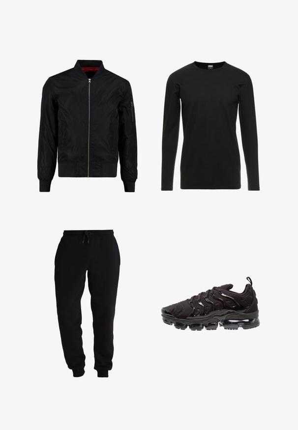 Must mustažjak, millel on lukuga eesmine osa, soonilised mansetid ja allserva, ning sile pind. Omab punast voodrit ja lukuga taskut varrukal.; Urban Classics STRETCH TERRY - Pikkade varrukatega topp - black; Mustad mustad püksid, mis on valmistatud pehmest kangast, sisaldavad elastset vööd koos nööriga, kitsenevaid jalgu ja küljetaskuid.; Mustad mustreejalanõud, millel on tekstureeritud kangast pealisosa, läikivad aksessuaarid ja silmapaistev õhkpadi. Omab eristuva lainelise disainiga elemente.