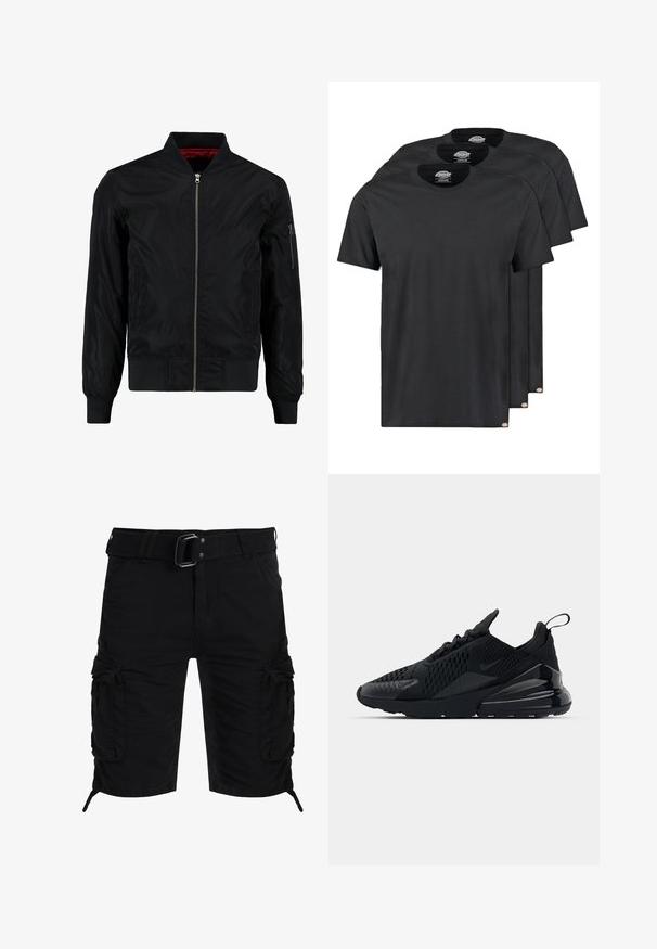 Schwarze Bomberjacke mit durchgehendem Reißverschluss, gerippten Bündchen und Saum sowie einer glatten Außenfläche. Verfügt über ein rotes Futter und eine Reißverschlusstasche am Ärmel.; Schwarze Baumwoll-T-Shirts im Dreierpack. Rundhalsausschnitt, kurze Ärmel und eine glatte Textur. Logo-Tag am Saum.; Schwarze Cargo-Shorts aus Stoff mit einem Gürtel, mehreren Seitentaschen, entspannter Passform und verstellbaren Säumen mit Kordeln.; Schwarzer Nike Air Max 270 Sneaker mit strukturiertem Obermaterial, Mesh-Einsätzen und einer glänzenden Ferse mit einer auffälligen Luftpolsterungseinheit.