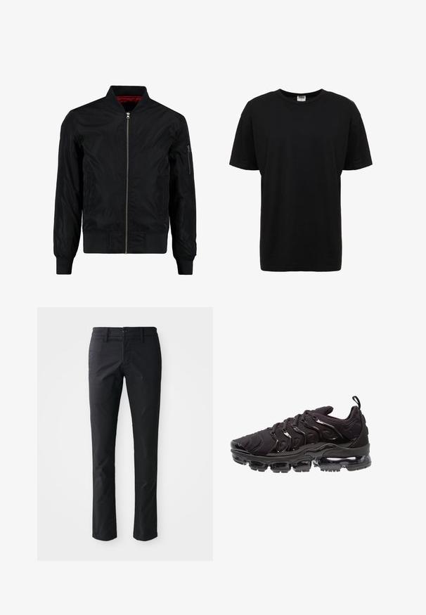 Schwarze Bomberjacke mit durchgehendem Reißverschluss, gerippten Bündchen und Saum sowie einer glatten Außenfläche. Verfügt über ein rotes Futter und eine Reißverschlusstasche am Ärmel.; Schwarzes Baumwoll-T-Shirt mit Rundhalsausschnitt, kurzen Ärmeln, normaler Passform, glatter Textur und ohne sichtbare Muster oder Akzente.; Schwarze gerade geschnittene Hose aus glattem Stoff mit einem einzelnen Knopfverschluss und Gürtelschlaufen. Minimalistisches Design ohne sichtbare Muster.; Schwarze Sportschuhe mit einem strukturierten Obermaterial aus Stoff, glänzenden Akzenten und einer ausgeprägten Luftpolstersohle. Verfügt über auffällige wellenartige Designelemente.