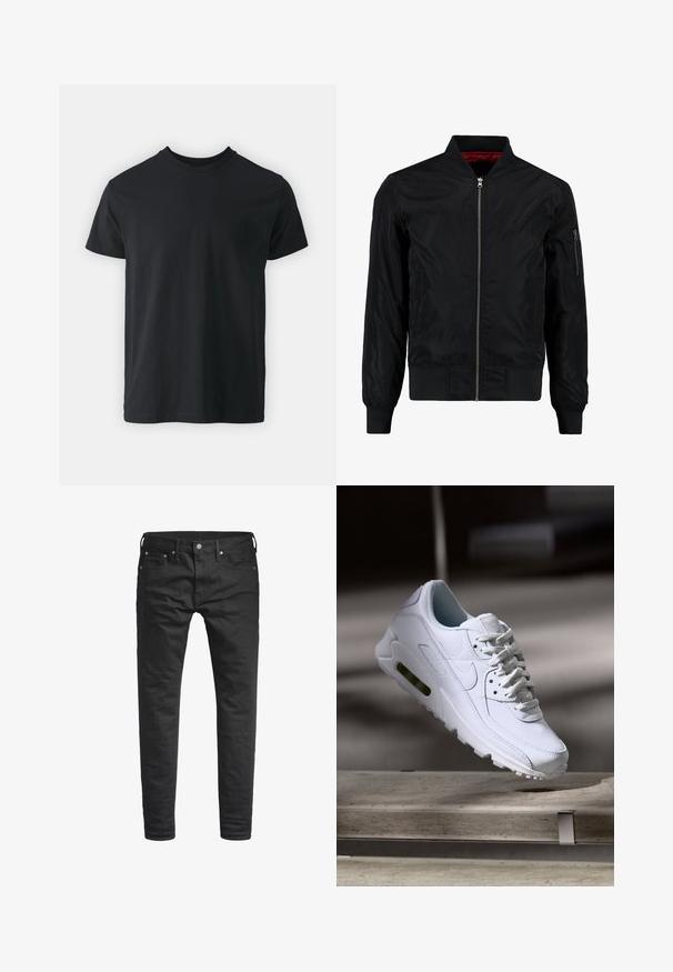 Veste bomber noire avec fermeture éclair à l'avant, poignets et ourlet côtelés, et une surface lisse. Présente une doublure rouge et une poche zippée sur la manche.; T-shirt noir en coton à manches courtes avec un col rond et une coupe décontractée. Texture lisse et ourlet droit, sans graphismes ni motifs visibles.; Jeans noirs slim-fit avec poches avant, passants de ceinture, et fermeture à bouton, présentés sur un fond blanc.; Baskets blanches en cuir avec des surfaces texturées, un col rembourré et un amorti d'air visible dans la semelle. Elles possèdent des lacets et un design minimaliste.