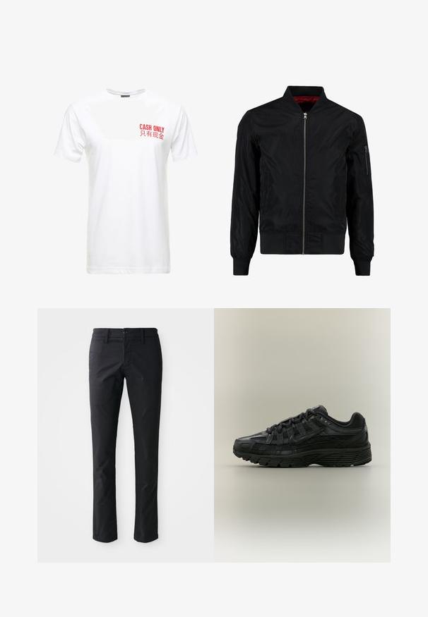 Schwarze Bomberjacke mit durchgehendem Reißverschluss, gerippten Bündchen und Saum sowie einer glatten Außenfläche. Verfügt über ein rotes Futter und eine Reißverschlusstasche am Ärmel.; Weißes Baumwoll-T-Shirt mit kurzen Ärmeln, das auf der linken Brust rot bedruckten Text mit der Aufschrift "NUR BARZAHLUNG" und seiner chinesischen Entsprechung zeigt.; Schwarze gerade geschnittene Hose aus glattem Stoff mit einem einzelnen Knopfverschluss und Gürtelschlaufen. Minimalistisches Design ohne sichtbare Muster.; Schwarzer Nike Laufschuh mit Mesh- und synthetischem Obermaterial, Schnürverschluss und strukturierter Sohle, von der linken Seite vor neutralem Hintergrund gezeigt.