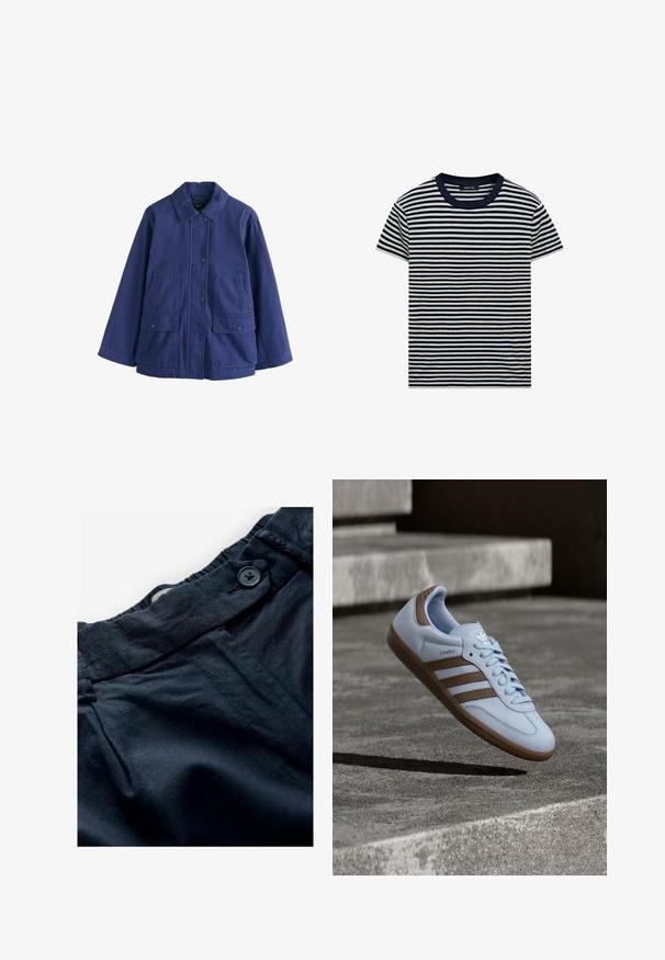 Mørkeblå jakke lavet af slidstærkt stof med krave, knaplukning foran og to store lommer med klap.; Kortærmet T-shirt med rund halsudskæring med sorte og hvide vandrette striber og en ensfarvet sort krave.; Marineblå bukser lavet af letvægtsstof med flad talje, knaplukning og subtil tekstur. Har lommer og sømdetaljer.; Lyseblå sneakers med brune ruskindsdetaljer, tre laterale striber, flade snørebånd og en tekstureret gummisål. Mærkelogo på tungen.