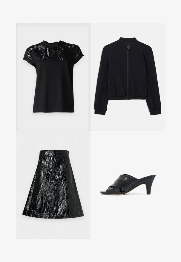 Schwarze Bomberjacke mit Raglanärmeln, gerippten Bündchen und Saum, Reißverschluss und Seitentaschen. Hergestellt aus weichem, dehnbarem Material.; AllSaints ANNA SNAKE TEE - T-Shirt print - black; Schwarzer glänzender zerknitterter A-Linien-Rock mit hoher Taille und glattem Taillenbund, flach auf hellem Hintergrund dargestellt.; Schwarzer, offener Leder-Pantolette mit Absatz, gekreuzten Riemen und kleinem metallischem Logo an der Seite, mittelhoher, verjüngter Absatz, beige Sohle.