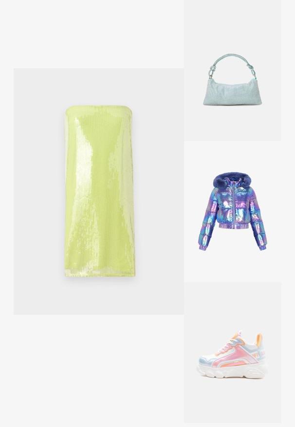 Kort dunjakke, iriserende stof i blå og lilla nuancer, blød hætte foret med blåt pels, lynlås foran og sidelommer.; Skinnende, limegrøn strapless top dækket af palietter. Glat tekstur med et fitted, rørformet design og en lige halsudskæring.; Kraftig hvid sneaker med pastelrosa, blå og orange detaljer, tyk sål, snørelukning foran og mærket trækflap på hælen.; Mascara Clutches - mint