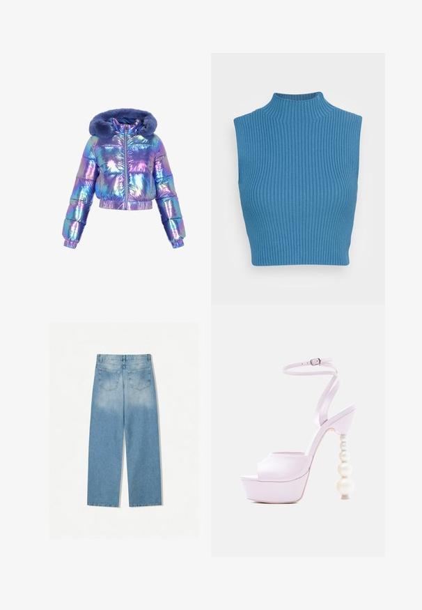 Gekürzte Steppjacke, irisierender Stoff in Blau- und Lilatönen, mit flauschigem, blau gefüttertem Kapuzenfell, Frontreißverschluss und Seitentaschen.; Gestreifter Croptop in Blau mit hohem Kragen. Merkmale sind der ärmellose Stil und der texturierte Stoff, der eine figurbetonte Silhouette betont.; Helleblaue Denim-Jeans mit geradem Bein, ausgestattet mit zwei Gesäßtaschen und einer ausgebleichten Textur im oberen Bereich.; Lavendelfarbene Sandalette mit Absatz, Plateau-Sohle, Knöchelriemen und einzigartigem Perlenkugel-Design am Absatz vor weißem Hintergrund.