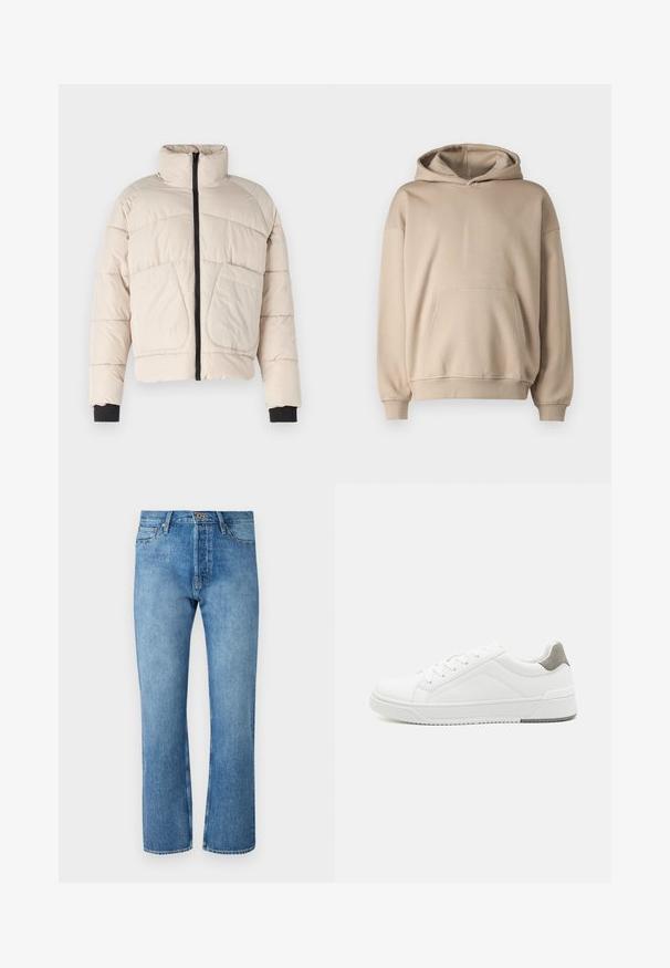 Beige Daunenjacke mit hohem Kragen, schwarzem Reißverschluss und zwei großen Fronttaschen. Mit gerippten schwarzen Bündchenakzenten.; Beige Kapuzenpullover, weicher Stoff, lockere Passform, Kängurutasche, gerippte Bündchen und Saum, minimalistisches Design, glatte Textur.; Helle blaue Jeans mit geradem Bein, ausgestattet mit einem klassischen Fünf-Taschen-Design, einem Knopfverschluss und kontrastierenden Nähten.; Weißer Sneaker aus glattem Leder, runde Zehenpartie, minimalistisches Design, graue Fersenkante und strukturierte Gummisohle.