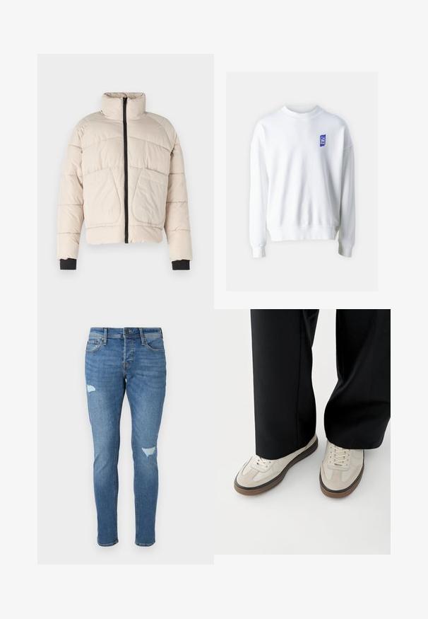 Beige pufferjakke med høj krave, sort lynlås og to store forlommer. Har ribbede sorte manchetter.; Hvid sweatshirt med rund hals og lange ærmer. Har et lille blåt logo på venstre bryst. Blødt stof med en glat tekstur.; Fadede blå denim jeans med slim fit, der har slidte områder ved knæene, en knaplukning og fem-lomme design.; Fødder iført beige sneakers med brune såler og sorte bukser med vide ben på hvid baggrund.