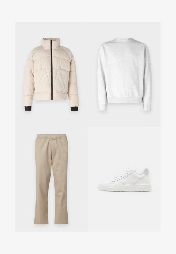 Beige pufferjakke med høj krave, sort lynlås og to store forlommer. Har ribbede sorte manchetter.; Lys grå crewneck sweatshirt lavet af blødt fleece-materiale, med ribbestrikkede manchetter og kant, samt en glat, tekstureret overflade.; Beige bomuldsbukser med elastisk talje, lige ben-design og sidelommer, med en glat tekstur og uden mønstre.; Hvide lædersneakers med en glat finish, rund tå, flade snørebånd og en struktureret sål. Grå ruskindsdetalje ved hælen.
