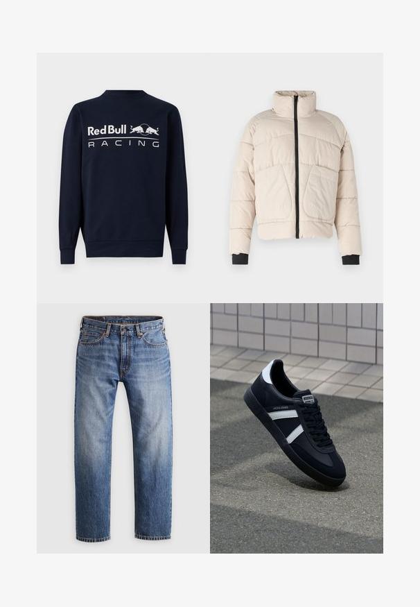 Beige pufferjack met een hoge kraag, zwarte ritssluiting en twee grote voorkanten. Voorzien van geribbelde zwarte manchetten.; Navy blauwe sweatshirt met lange mouwen van katoen, met een ronde hals en een groot wit "Red Bull Racing" logo op de voorkant, vergezeld van twee stier graphics.; Rechtemodel blauwe denim jeans met een knoop- en ritssluiting, vijf zakken en oranje stiksels op een lichtgrijze achtergrond.; Zwarte leren sneaker met witte strepen, een gestructureerde rubberen zool en vetersluiting aan de voorkant. Voorzien van een merklabel op de tong.