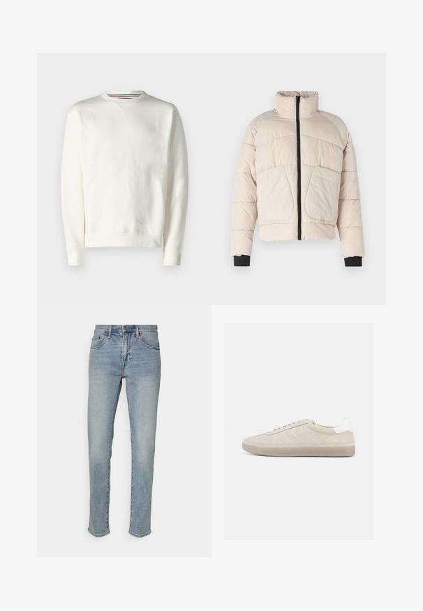 Beige pufferjack met een hoge kraag, zwarte ritssluiting en twee grote voorkanten. Voorzien van geribbelde zwarte manchetten.; Witte sweatshirt met een ronde hals, geribde manchetten en een subtiele logodetail. Zacht materiaal met een gladde textuur en een minimaal ontwerp.; GAP SOFT ALAMOSA - Slim fit jeans - light wash; Beige suède sneaker met een gestructureerd bovenwerk, een gladde witte hielkap, dunne veters en een rubberen buitenzool. Heeft een slank, laag profiel.
