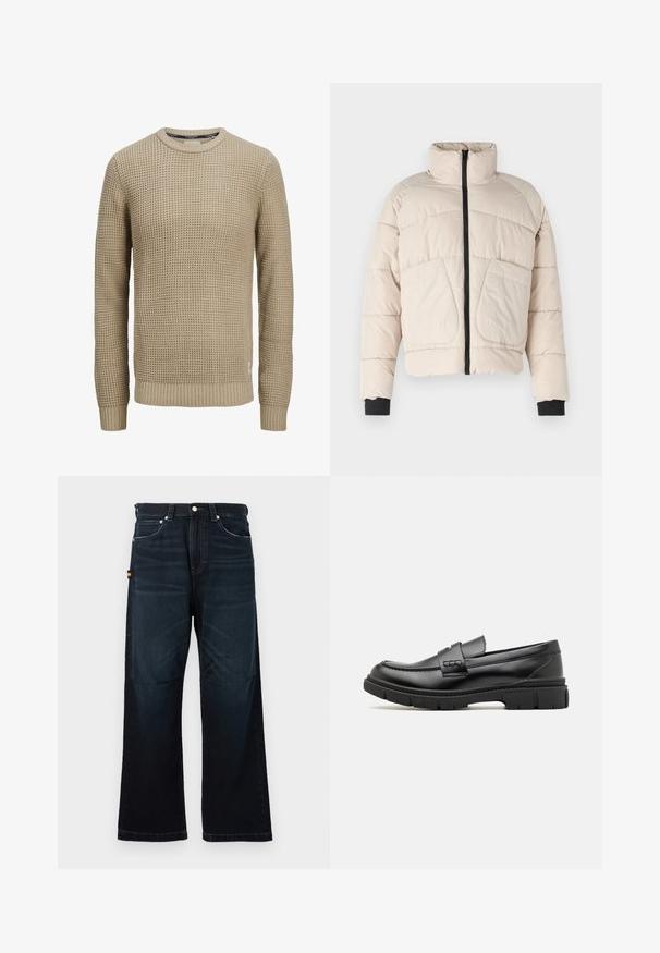 Beige pufferjakke med høj krave, sort lynlås og to store forlommer. Har ribbede sorte manchetter.; Beige langærmet strikket sweater med tekstureret vaffelmønster, rund halsudskæring samt ribstrikkede manchetter og kant.; Mørkeblå lige ben jeans med klassisk fem-lomme design, bæltestropper og subtile falmede detaljer foran og på knæene.; Sort læder loafersko med en bred rem over forfoden, gummisål med tykke mønstre og glat overflade. Klassisk, slankt design.