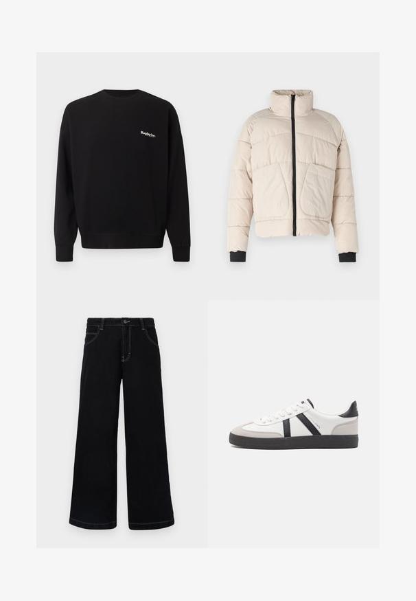 Beige Daunenjacke mit hohem Kragen, schwarzem Reißverschluss und zwei großen Fronttaschen. Mit gerippten schwarzen Bündchenakzenten.; Replay Inc. Sweatshirt - black; Schwarze weit geschnittene Jeanshose aus Denim, mit Knopfverschluss, fünf Taschen und kontrastierendem weißen Nähten entlang der Nähte.; Weiße Sneaker mit schwarz- und grau-aczenten, ausgestattet mit einer strukturierten grauen Zehenkappe, schwarzer Gummi-Sohle und flachen weißen Schnürsenkeln. Sauberes Design, minimalistische Stil.