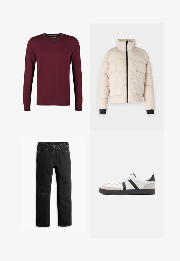 Veste doudoune beige avec un col montant, fermeture éclair noire et deux grandes poches avant. Présente des accents de poignet noirs côtelés.; Pull en jersey bordeaux avec un col rond, fabriqué en tissu lisse, doté de manches longues et de poignets et ourlet côtelés pour une texture supplémentaire.; Jean en denim noir à jambe droite avec cinq poches, passants de ceinture et fermeture par bouton à la taille, disposé à plat sur un fond blanc.; Baskets blanches avec des accents noirs et gris, présentant un embout texturé gris, une semelle en caoutchouc noir et des lacets plats blancs. Design épuré, style minimaliste.