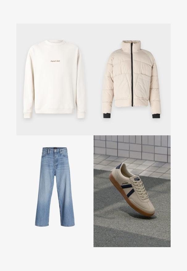 Beige pufferjack met een hoge kraag, zwarte ritssluiting en twee grote voorkanten. Voorzien van geribbelde zwarte manchetten.; Crème-kleurige sweatshirt met geribbelde ronde hals en mouwen. Kenmerkt zich door kleine, gouden borduursel "Original Studio" op de borst. Zachte textuur.; Lichtblauwe denim wijdvallende jeans met een hoge taille, voorzien van een knoopsluiting, vijf pockets en subtiele vervaging. Schoon afgewerkte zoom.; Beige sneaker met een textuurafwerking, marineblauwe strepen en een rubberen zool. Heeft een gevoerde tong en een traditioneel vetersysteem voor een veilige pasvorm.