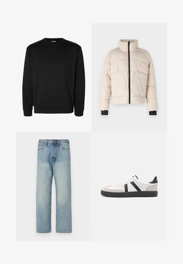 Beež puffer-jakk kõrge kraega, musta tõmblukuga ja kahe suure esipocketiga. Omab ribakujulisi musti mansetiga aksessuaare.; Must rihmikuga pullover ümara kraega, soonikkoes mansettide ja äärega, lihtsa disainiga, ilma nähtavate logode või mustriteta.; Heledad sinine teksapüksid otse jala lõikega, viie tasku ja pronksist detailidega. Minimoodustunud pleekimine puhta viimistlusega.; Valged tossud mustade ja hallide aktsentidega, tekstureeritud halli varbakattega, musta kummitald ja lamedad valged paelad. Puhtad jooned, minimalistlik stiil.