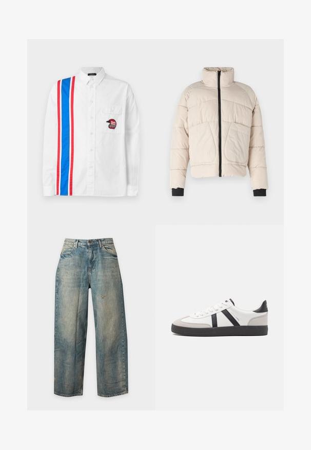 Beige pufferjakke med høj krave, sort lynlås og to store forlommer. Har ribbede sorte manchetter.; Hvid skjorte med knapper, der har et blåt og rødt stribedesign på den ene side og et sort broderet hjelm-patch på brystlommen.; Blå falmede cowboybukser med lige ben og let slidte detaljer på forlommerne og benene.; Hvide sneakers med sorte og grå detaljer, med en tekstureret grå tåhætte, sort gummisål og flade hvide snørebånd. Rent design, minimalistisk stil.