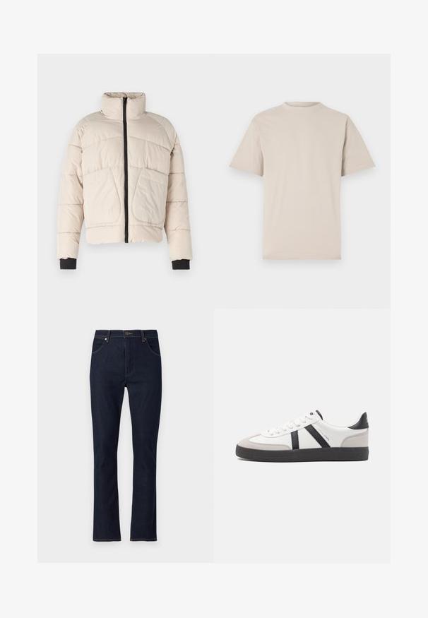Beige pufferjakke med høj krave, sort lynlås og to store forlommer. Har ribbede sorte manchetter.; Beige kortærmet t-shirt med rund hals, lavet af glat bomuldsstof, med en afslappet pasform og uden synlige mønstre eller udsmykninger.; Mørkeblå straight-leg denim jeans med forlommer, bæltestropper og knaplukning.; Hvide sneakers med sorte og grå detaljer, med en tekstureret grå tåhætte, sort gummisål og flade hvide snørebånd. Rent design, minimalistisk stil.
