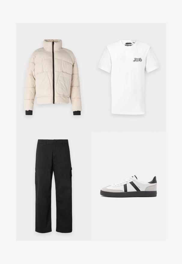 Beige Daunenjacke mit hohem Kragen, schwarzem Reißverschluss und zwei großen Fronttaschen. Mit gerippten schwarzen Bündchenakzenten.; Weißes T-Shirt mit kurzer Ärmeln und Rundhalsausschnitt, mit kleinem schwarzen "Pepsi-Cola"-Logo auf der linken Brust und markiertem Halsband.; Schwarze Cargo-Hosen mit geradem Bein, mehreren Seitentaschen und einem Knopfverschluss. Hergestellt aus strapazierfähigem, leichtem Stoff.; Weiße Sneaker mit schwarz- und grau-aczenten, ausgestattet mit einer strukturierten grauen Zehenkappe, schwarzer Gummi-Sohle und flachen weißen Schnürsenkeln. Sauberes Design, minimalistische Stil.