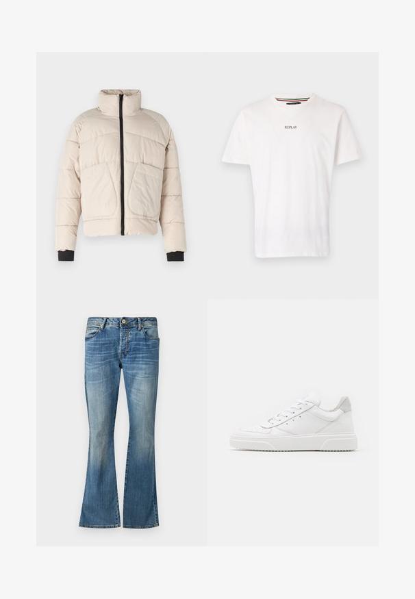 Veste doudoune beige avec un col montant, fermeture éclair noire et deux grandes poches avant. Présente des accents de poignet noirs côtelés.; T-shirt en coton blanc avec un design en V, manches courtes et un petit logo "REPLAY" imprimé sur la poitrine. Texture lisse, coupe décontractée.; Jean flair bleu en denim avec un lavage délavé. Présente cinq passants de ceinture, une fermeture à bouton et des détails de couture classiques.; Des baskets en cuir blanc avec une finition lisse, un bout rond, des lacets plats et une semelle texturée. Accents en daim gris au niveau du talon.
