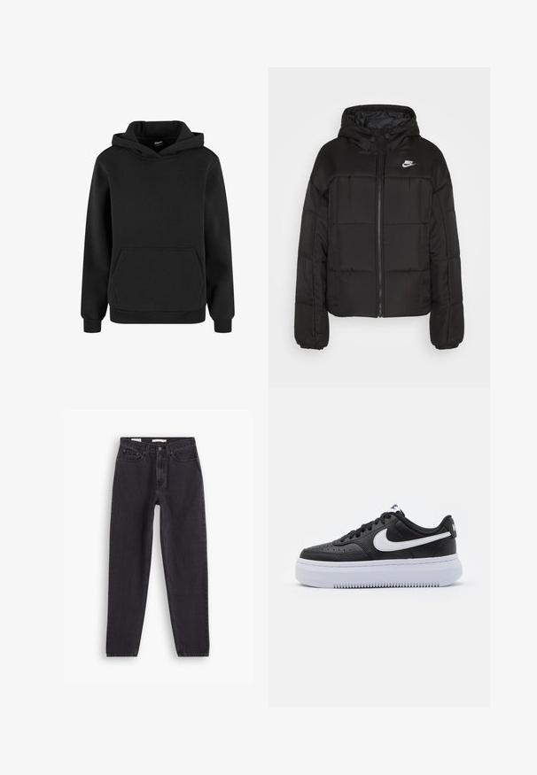 Chaqueta acolchada negra con capucha. Presenta un diseño acolchado, cierre frontal, puños elásticos y un pequeño logotipo blanco de Nike en la parte superior izquierda.; Sudadera negra con capucha, mangas largas y un bolsillo frontal tipo canguro, hecha de tela suave con puños y dobladillo acanalados.; Pantalones vaqueros de denim negro con un diseño de pierna recta, que cuentan con cinco bolsillos, cierre frontal con botón y detalles de costura a lo largo de las costuras.; Zapatillas de cuero negro con acentos en blanco, puntera redondeada, superficie texturizada y entresuela blanca gruesa. Presenta perforaciones y cierre con cordones.