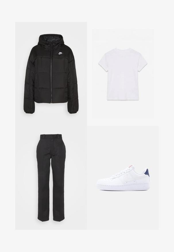 Chaqueta acolchada negra con capucha. Presenta un diseño acolchado, cierre frontal, puños elásticos y un pequeño logotipo blanco de Nike en la parte superior izquierda.; Camiseta blanca lisa de algodón de manga corta y cuello redondo, colocada plana sobre un fondo blanco.; Pantalones negros con una textura suave, diseño de pierna recta y cintura con cinturón. Presenta una silueta simple y clásica sin patrones adicionales.; Zapatilla blanca de caña baja con perforaciones en la puntera, cordones blancos, un logo swoosh blanco y una lengüeta en el talón de color azul oscuro.