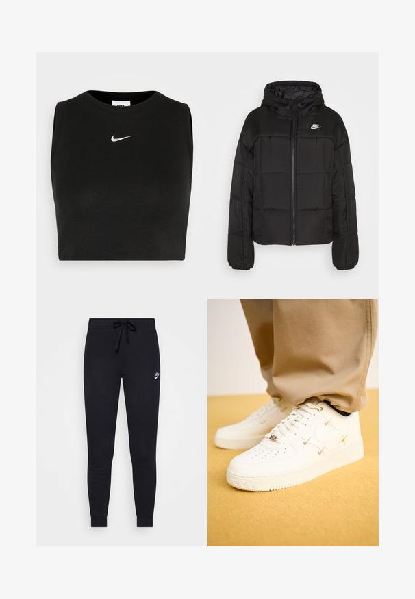 Chaqueta acolchada negra con capucha. Presenta un diseño acolchado, cierre frontal, puños elásticos y un pequeño logotipo blanco de Nike en la parte superior izquierda.; Top corto negro sin mangas hecho de material acanalado, con cuello redondo y un pequeño logo blanco de Nike en el pecho.; Pantalones de chándal Nike negros con cintura ajustable por cordón, piernas ajustadas, puños acanalados y un pequeño logo en el muslo izquierdo. Tejido suave y texturizado.; Zapatillas de piel blanca con puntera perforada, acentos dorados y cordones planos, combinadas con pantalones beige sobre una superficie amarilla texturizada.