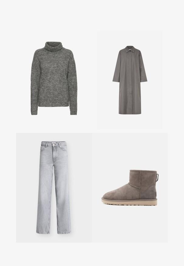 Grå knælange frakke med lige snit, stor krave og lange ærmer. Har to sidelommer og enkelt knaplukning. Glat tekstur.; Grå turtleneck sweater lavet af blødt strikmateriale, med en afslappet pasform og lange ærmer med en subtil tekstur hele vejen igennem.; Lysegrå denimjeans med vide ben, høj talje, fem lommer, knaplukning foran og rå kant detalje. Glat tekstur med minimal falmning.; Grå ruskind ankelstøvler med en blød tekstur, rund tå og solid beige sål. Med forstærket hæl og syningsdetaljer.