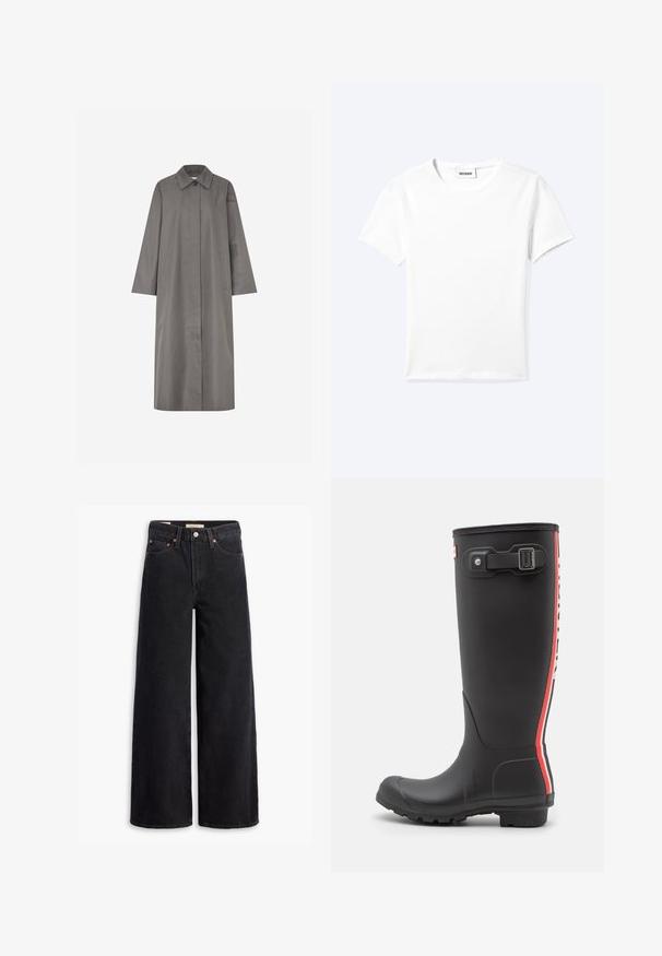 Grijze, knie-lange jas met een rechte snit, grote kraag en lange mouwen. Voorzien van twee zijzakken en een enkele knoopsluiting. Gladde textuur.; Effen wit T-shirt met korte mouwen en ronde hals met een klein "WEEKDAY" label aan de binnenkant van de hals, plat neergelegd op een lichte achtergrond.; Zwarte brede jeans gemaakt van denim, met vijf zakken, koperen klinknagels en een klassieke knoopsluiting. Glad van textuur met een strakke uitstraling.; Zwarte rubberen regenlaars met een getextureerd oppervlak, hoog ontwerp, verticale strepen in rood en wit, verstelbare riem en gespdetail.