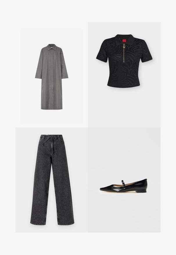 Manteau gris mi-longue jusqu'aux genoux, coupe droite, grand col et manches longues. Comprend deux poches latérales et une fermeture à un bouton. Texture lisse.; Polo noir à manches courtes avec imprimé zèbre discret, fermeture éclair dorée avec tirette ronde et étiquette de marque rouge à l’intérieur du col.; Jean en denim noir taille haute et jambes larges avec une fermeture à cordon. Présente une texture délavée et des détails de couture subtils.; Chaussure plate Mary Jane en cuir verni noir, à bout pointu, avec une seule sangle et un petit talon sur fond uni.