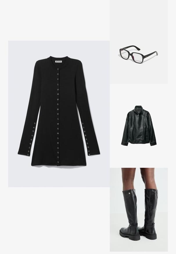 Veste en cuir noir avec col montant, fermeture éclair asymétrique à l'avant, pattes d'épaule boutonnées, taille élastique et poches avant.; Cardigan noir à manches longues avec boutons, col rond, œillets métalliques le long de l'avant et des poignets, étiquette "Weekday" à l'intérieur du col.; Bottes noires en cuir montantes jusqu'aux genoux, avec une texture lisse, un bout arrondi, une semelle épaisse et une fermeture éclair. Présente un logo argent sur le côté.; Lunettes noires rectangulaires avec des verres transparents, présentant des bords arrondis et des accents sur les côtés, avec une finition brillante sur la monture et les branches.