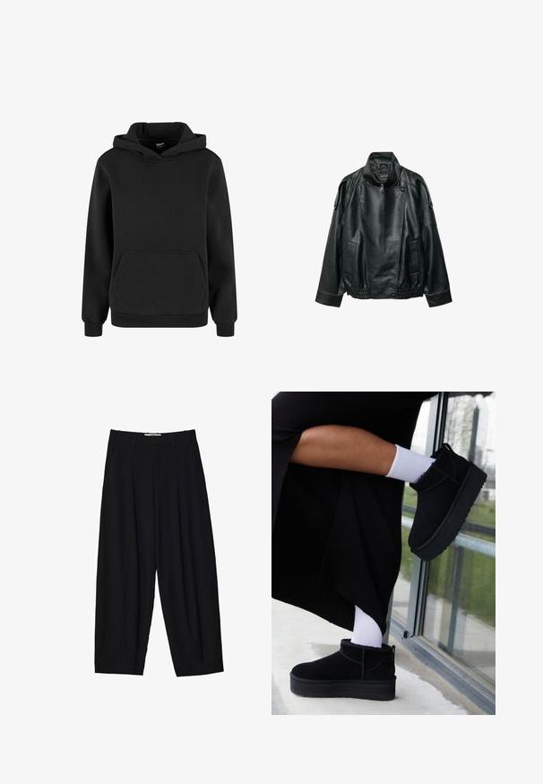 Veste en cuir noir avec col montant, fermeture éclair asymétrique à l'avant, pattes d'épaule boutonnées, taille élastique et poches avant.; Sweat à capuche noir avec manches longues et poche kangourou à l'avant, confectionné en tissu doux avec poignets et ourlet côtelés.; Pantalons larges noirs en tissu léger, avec des plis avant, une taille classique et des poches latérales. Texture douce.; Bottines en cuir suédé noir à semelle plate, avec une languette arrière, portées avec des chevilles blanches sur un fond minimaliste.