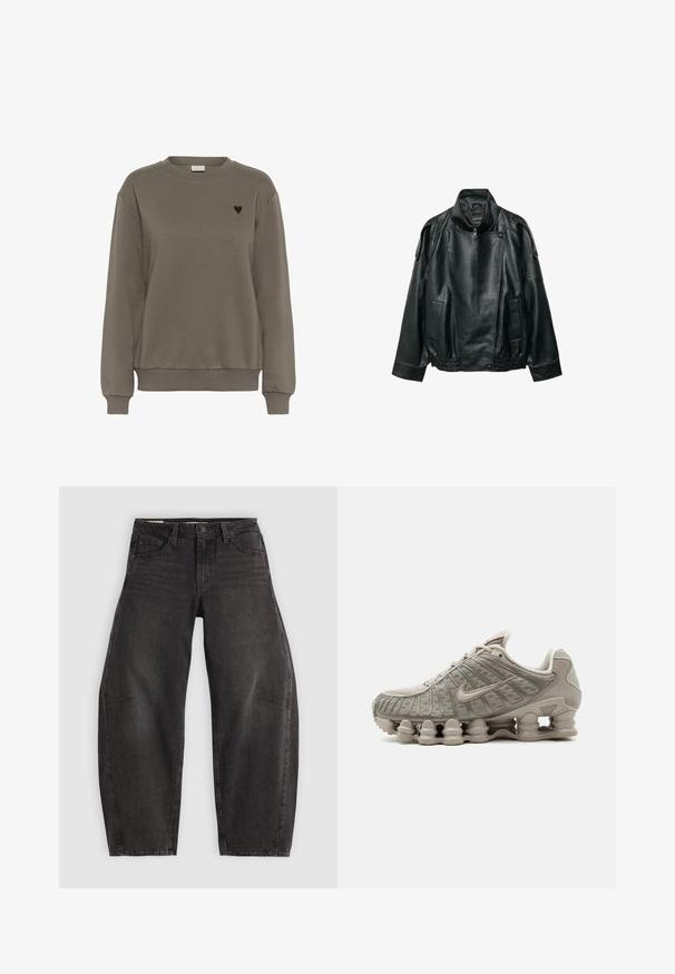 Veste en cuir noir avec col montant, fermeture éclair asymétrique à l'avant, pattes d'épaule boutonnées, taille élastique et poches avant.; Sweatshirt en coton marron avec un col rond, des poignets et un ourlet côtelés. Présente un petit logo en forme de cœur noir sur la zone gauche de la poitrine.; Jean en denim noir avec une coupe décontractée, comportant cinq poches, une fermeture à bouton et un léger dégradé. Le tissu a une texture lisse et résistante.; Baskets Nike Shox beige clair avec semelle amortissante visible en forme de colonne et détails en mesh sur la tige.