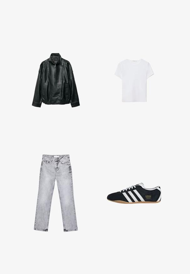 Schwarze Lederjacke mit hohem Kragen, asymmetrischem Frontreißverschluss, gepolsterten Schulterriemen mit Knöpfen, elastischem Taillenbund und Vordertaschen.; Weißes kurzärmliges T-Shirt aus weichem Stoff. Hat einen runden Halsausschnitt und ein einfaches, sauberes Design mit geradem Saum.; Graue Jeans aus Denim mit geradem Bein, mit Used-Effekten, fünf Taschen und kupferfarbenen Nieten. Der Bund verfügt über ein Logoshirt.; Schwarze Wildledersneaker mit drei weißen Streifen, goldenem Logo und brauner Gummisohle. Merkmale ein niedrigprofiliertes Schnürdesign.