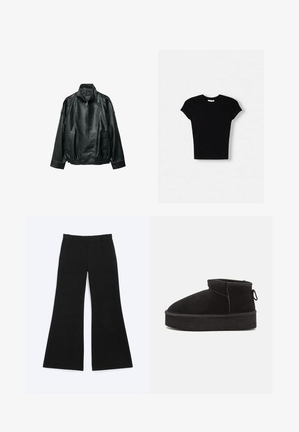 Sort læderjakke med høj krave, asymmetrisk frontlynlås, knappede skulderstropper, elastisk linning og forlommer.; Sort kortærmet t-shirt lavet af bomuld. Tætsiddende design, rund hals og glat tekstur. Ingen mønstre eller ekstra hardware synligt.; Sorte bukser med vide ben, bæltestropper og sidelommer, vist fladt på en hvid baggrund.; Sorte ruskinds ankelstøvler med en rund tå, der har en forhøjet sål og en sidesløjfe for nem påtagning. Designet er enkelt med minimale detaljer.