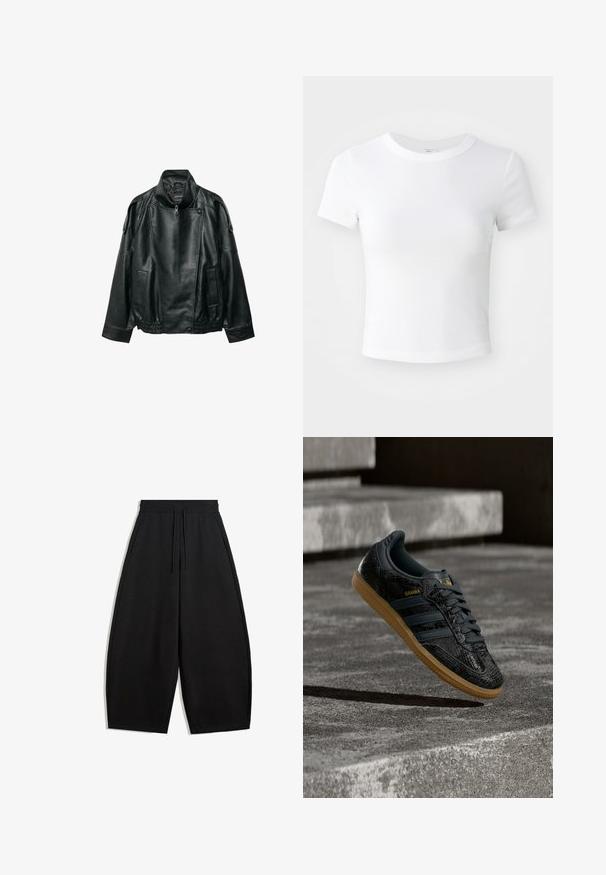 Sort læderjakke med høj krave, asymmetrisk frontlynlås, knappede skulderstropper, elastisk linning og forlommer.; Simpel hvid kortærmet cropped t-shirt med rund halsudskæring, præsenteret på en neutral lys baggrund.; Løse sorte brede bukser med elastisk talje og snor, med sidelommer, præsenteret på en hvid baggrund.; Sort Adidas Samba-sneaker med struktureret mønster, gummisål og guldlogo, placeret i luften over betontrin.