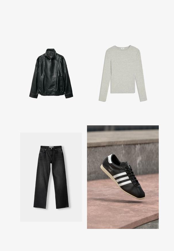 Veste en cuir noir avec col montant, fermeture éclair asymétrique à l'avant, pattes d'épaule boutonnées, taille élastique et poches avant.; Chemise gris clair à manches longues avec col rond, coupe ajustée et sans motifs ou logos visibles, posée à plat sur un fond blanc.; Bershka Jean droit - mottled dark grey; Baskets en cuir noir avec des rayures blanches et une semelle blanche, lacées, flottant au-dessus d'une surface en béton rosée avec un mur en pierre grise en arrière-plan.