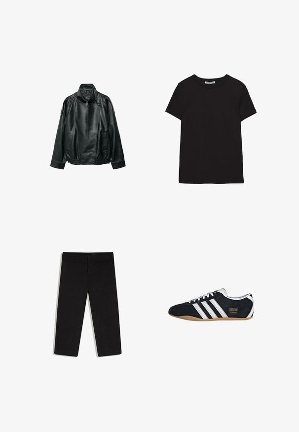 Veste en cuir noir avec col montant, fermeture éclair asymétrique à l'avant, pattes d'épaule boutonnées, taille élastique et poches avant.; T-shirt noir en coton à manches courtes avec encolure ronde, coupe standard et étiquette intérieure visible au niveau du col.; Pantalon noir court à jambes droites, taille plate avec ceinture, sans poches visibles, présenté sur fond blanc.; Sneakers en suede noir avec trois bandes blanches, logo doré et semelle en caoutchouc marron. Présente un design à lacets à profil bas.
