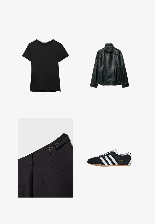Schwarze Lederjacke mit hohem Kragen, asymmetrischem Frontreißverschluss, gepolsterten Schulterriemen mit Knöpfen, elastischem Taillenbund und Vordertaschen.; Schwarzes kurzärmliges T-Shirt aus glattem Stoff. Mit Rundhalsausschnitt und einer lockeren Passform sowie einem geraden Saum.; Nahaufnahme des schwarzen Bunds einer maßgeschneiderten Hose mit zwei schwarzen Knöpfen und horizontalen Gesäßtaschen.; Schwarze Wildledersneaker mit drei weißen Streifen, goldenem Logo und brauner Gummisohle. Merkmale ein niedrigprofiliertes Schnürdesign.