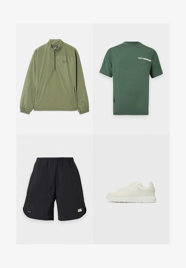 Veste pull en vert militaire, en tissu léger, avec fermeture éclair quart, poignets élastiques et poche frontale. Présente le logo EA7 en noir sur la poitrine.; T-shirt de sport vert à manches courtes avec des panneaux en maille sur les manches et un petit logo blanc "e27" sur le haut à gauche de la poitrine.; Shorts décontractés noirs avec taille élastique, petit texte "VENTUS7" sur la jambe gauche, et écusson logo EA7 Emporio Armani sur l'ourlet de la jambe droite.; Baskets blanches en cuir avec un dessus texturé, bout rond, semelle plate blanche et lacets ton sur ton. Marque discrète sur la languette.