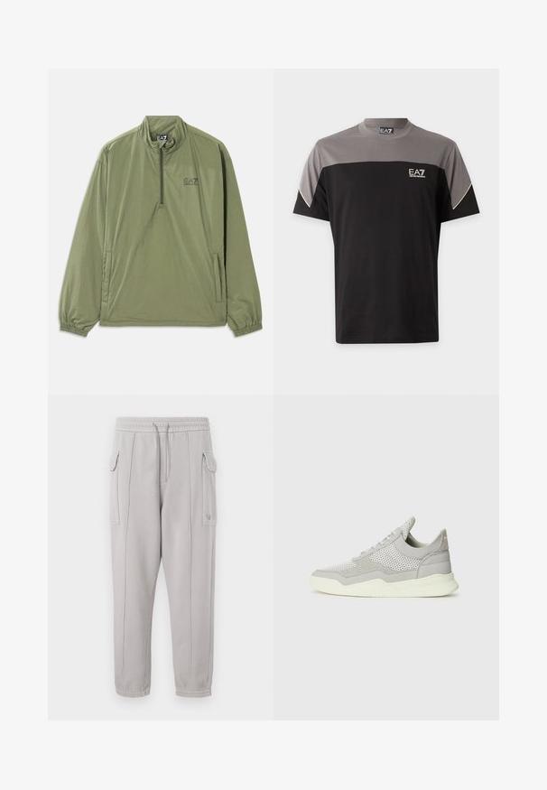 Pullover jakke i militærgrøn, let stof, kvart lynlås, elastiske manchetter, lomme foran. Har EA7-logo i sort på brystet.; Sort og grå EA7 Emporio Armani T-shirt med korte ærmer, logo på brystet og hvid kant på ærmerne.; Grå sweatpants med elastisk talje, sidelommer og stikninger, der løber lodret langs benene. Tekstur af bomuldsblanding.; Grå sneakers med mesh- og ruskindssektioner, gummisål og lyse farver. Har buet design og teksturerede paneler.