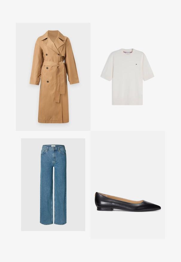 Calvin Klein CLASSIC LONG - Trentšmantel - tigers eye; Lühikeste varrukatega valge kudumiskampsun soonikkoes ümara kaeluse ja varrukasäärtega, millel vasakul rinnal väike Tommy Hilfigeri logo.; Sinised kõrge vöökohaga laiade säärtega teksapüksid esitaskute, nööpidega kinnituse ja vööaasadega, kuvatud lihtsa tausta ees.; Mustad nahast balletkingad terava varbaga, madala kanna ja kuldse aktsendi ning kanna peal. Sile tekstuur klassikalise silueti jaotuses.