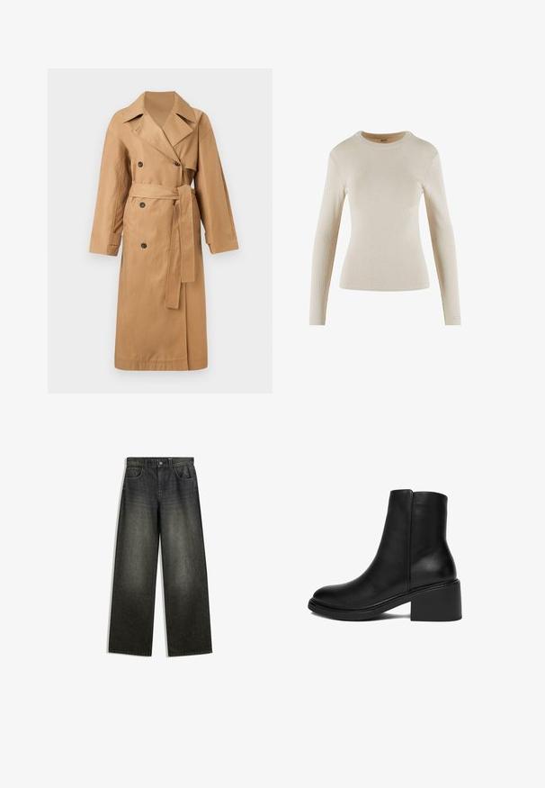 Calvin Klein CLASSIC LONG - Trenchcoat - tigers eye; Beige lange mouwen ribbel top met een ronde hals; heeft een aansluitende pasvorm en een kleine logo-accent op de manchette.; Wijduitlopende spijkerbroek in donkergrijs denim met een vervaagde afwerking, vijf zakken en een knoopsluiting op de tailleband.; Zwarte leren enkellaars met blokhak en gladde afwerking, zijaanzicht op witte achtergrond.