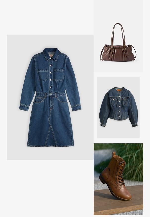 Levi's® SCULPTED TRUCKER - Veste en jean - wonderlust no tack; Robe en jean bleue à manches longues avec col, boutons à l'avant, deux poches poitrine, ceinture à la taille et poches au-dessus de la jupe longueur genou.; Bottine en cuir marron avec fermeture éclair latérale et lacets, posée sur une surface en bois à l'extérieur avec un arrière-plan flou de verdure.; Sac à main en cuir brun avec deux longues poignées, design froncé, accents en métal doré et finition texturée.