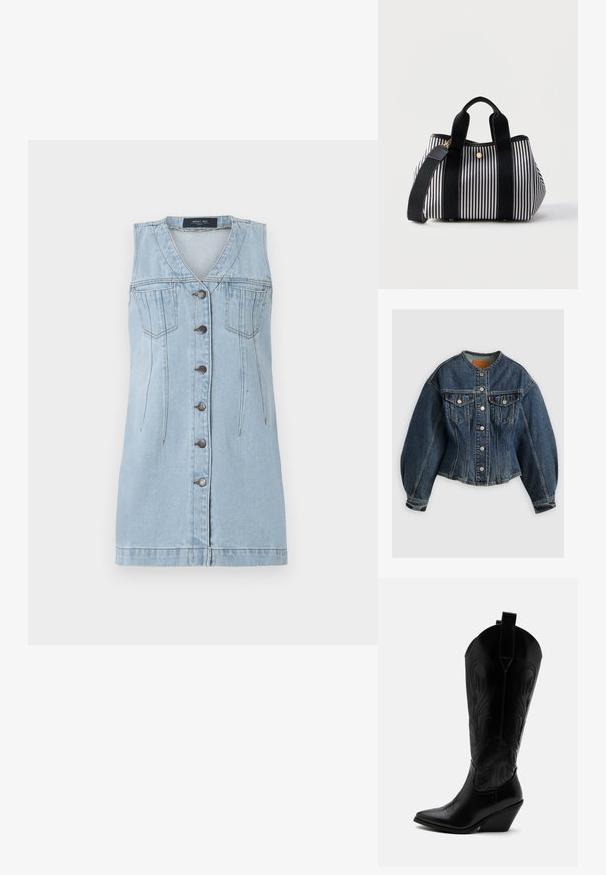 Levi's® SCULPTED TRUCKER - Denimová bunda - wonderlust no tack; Svetlo modré denimové šaty bez rukávov s výstrihom do V, predným zapínaním na gombíky, dvomi vreckami na hrudi a prešívanými detailmi na stranách.; Čierna kožená kovbojská čižma so špicatou špičkou, šikmým blokovým podpätkom, dekoratívnym prešitím a ťahacími pútkami na vrchu na bielom pozadí.; Čierno-biela vertikálne pruhovaná kabelka s dvoma čiernymi rukoväťami a odnímateľným ramenným popruhom na jednoliatom pozadí.