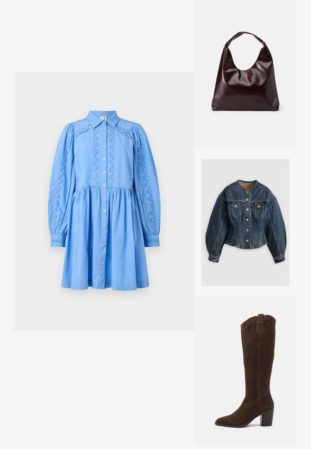 Levi's® SCULPTED TRUCKER - Teksajakk - wonderlust no tack; Hele sinine kleit kraega, nööpidega ees ja puhvvarrukatega. Omab tikitud sõlgede ja varrukate äärtes sakilise mustriga detaili.; Anna Field LEATHER - Kõrge kontsaga saapad - brown; Burgundia, läikiv vegan nahast kott pehme, skulpturaalse kuju ja laia, kõverda käepidemega mugavaks kandmiseks.