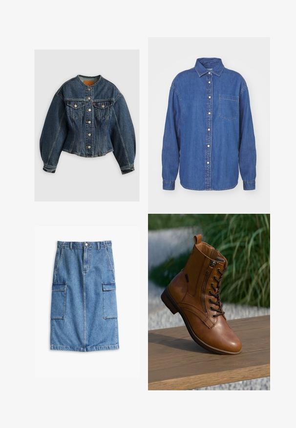 Levi's® SCULPTED TRUCKER - Cowboyjakker - wonderlust no tack; Denimskjorte i mørkeblå, med knaplukning foran, krave og én brystlomme. Lange ærmer med knapmanchetter. Klassisk design.; Denim skirt i lys blå, med to forlommer og dobbelte cargo lommer på siderne, med en lige, knælang pasform og frontknaplukning.; Brun læderankelstøvle med lynlås på siden og snørebånd, placeret på en træoverflade udendørs med sløret grønt område i baggrunden.