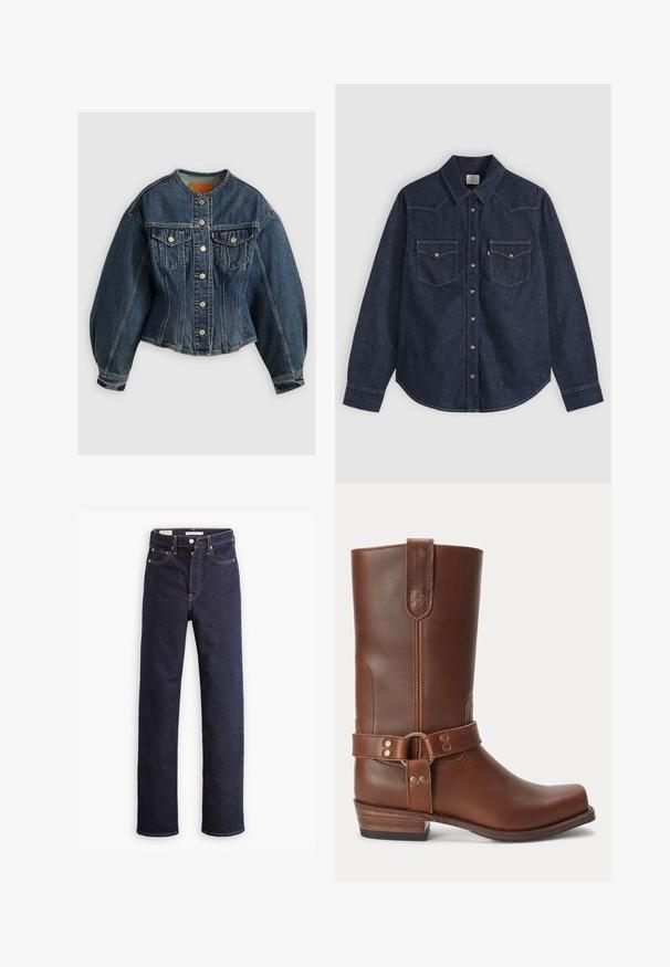 Levi's® SCULPTED TRUCKER - Cowboyjakker - wonderlust no tack; Mørkeblå denim skjorte med lange ærmer, spids krave, frontlukning med trykknapper og to brystlommer med knapper samt kontrastsyning.; Mørkeblå straight-leg denim jeans med fem lommer og synlig orange syning på hvid baggrund.; Brun læder midt på læggen støvle med lavt træhæl, rund snude og dekorativ strop med metalnitter rundt om anklen.